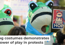 Demonstrators in frog costumes during the “No Kings” protest on Oct. 18, 2025, in Portland, Ore. Mathieu Lewis-Rolland/Getty Images